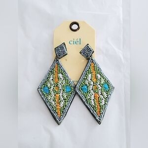 Geometric Beaded Earrings - Blue, Green, Orange